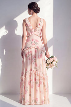Aprikosen-Blumen-A-Linie V-Ausschnitt Chiffon lange Brautjungfernkleid mit Rüschen
