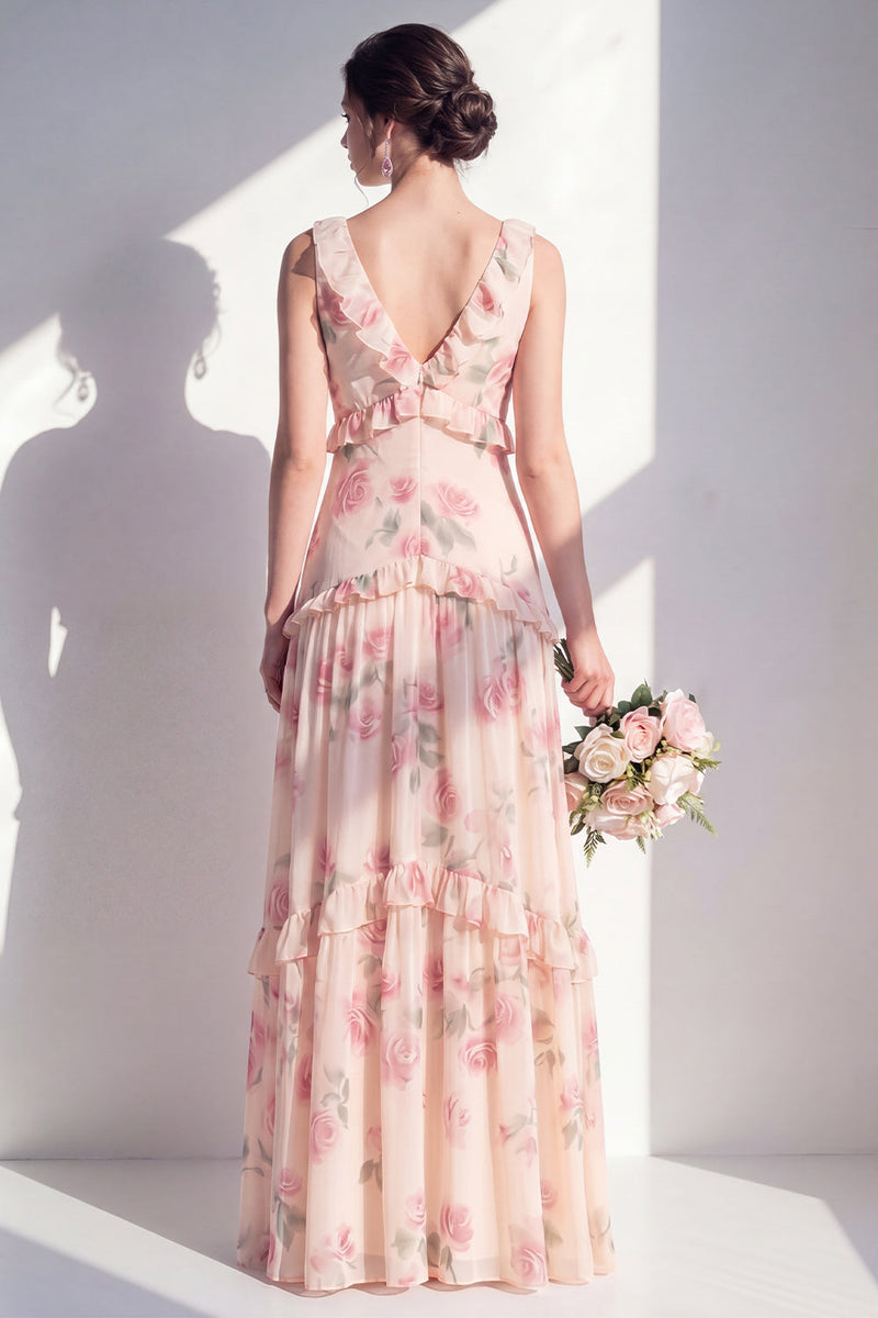 Laden Sie das Bild in den Galerie-Viewer, Aprikosen-Blumen-A-Linie V-Ausschnitt Chiffon lange Brautjungfernkleid mit Rüschen