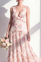 Laden Sie das Bild in den Galerie-Viewer, Aprikosen-Blumen-A-Linie V-Ausschnitt Chiffon lange Brautjungfernkleid mit Rüschen