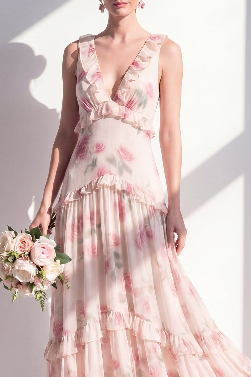 Laden Sie das Bild in den Galerie-Viewer, Aprikosen-Blumen-A-Linie V-Ausschnitt Chiffon lange Brautjungfernkleid mit Rüschen