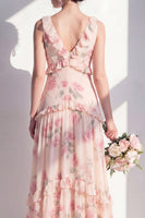 Laden Sie das Bild in den Galerie-Viewer, Aprikosen-Blumen-A-Linie V-Ausschnitt Chiffon lange Brautjungfernkleid mit Rüschen