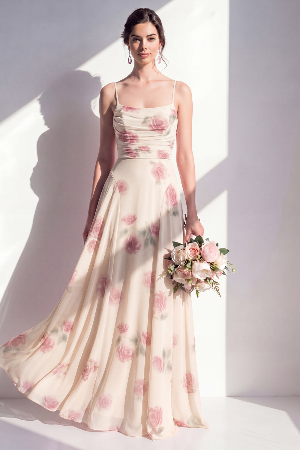 Aprikosen-Floral A-Linie Chiffon gerafftes langes Brautjungfernkleid