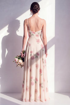 Aprikosen-Floral A-Linie Chiffon gerafftes langes Brautjungfernkleid