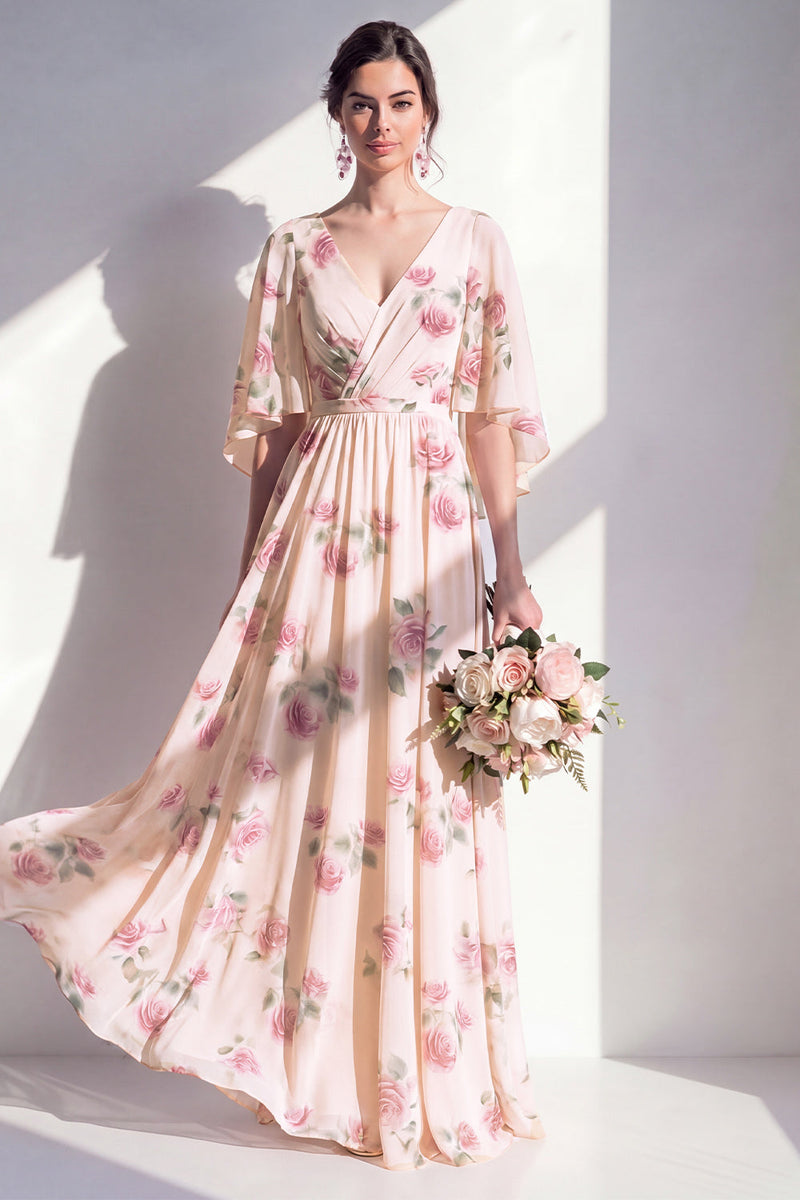 Laden Sie das Bild in den Galerie-Viewer, A-Linien-Aprikosen-Floral-Chiffon V-Ausschnitt, gerafftes Langbrautjungfernkleid mit flatternden Ärmeln