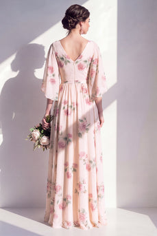 A-Linien-Aprikosen-Floral-Chiffon V-Ausschnitt, gerafftes Langbrautjungfernkleid mit flatternden Ärmeln