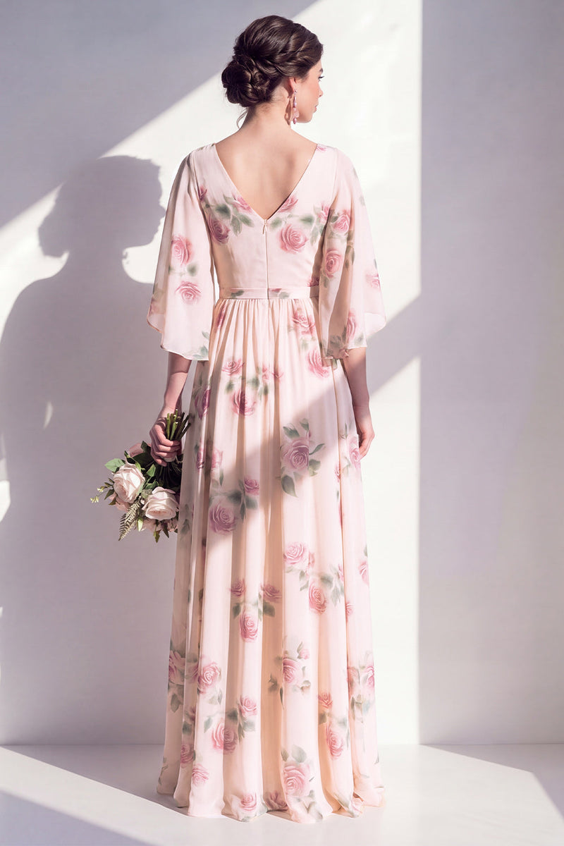 Laden Sie das Bild in den Galerie-Viewer, A-Linien-Aprikosen-Floral-Chiffon V-Ausschnitt, gerafftes Langbrautjungfernkleid mit flatternden Ärmeln