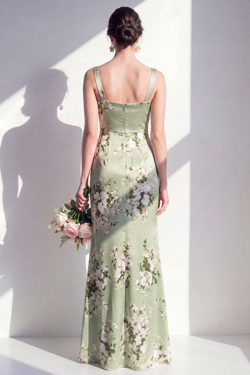 Laden Sie das Bild in den Galerie-Viewer, Salbeigrünes Meerjungfrauen-Satin-Floral-Quadrathals mit gerafftem langen Brautjungfernkleid