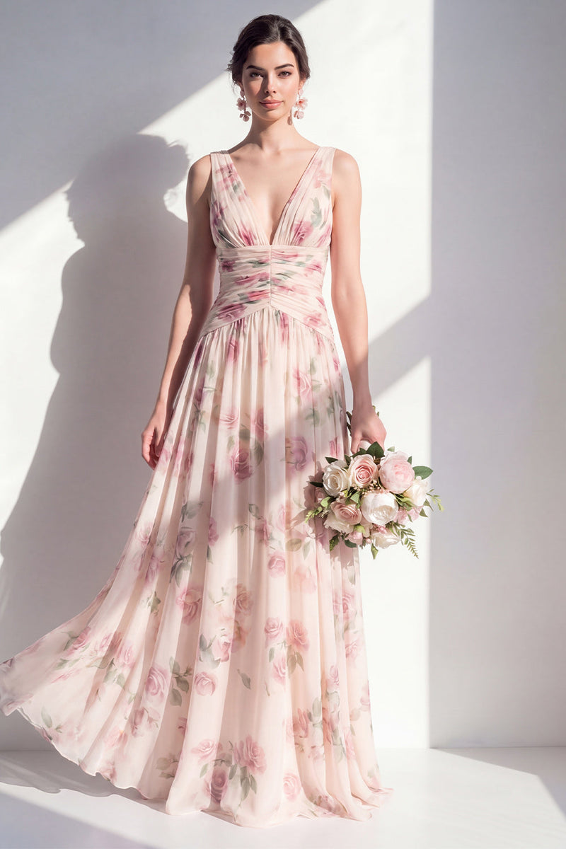 Laden Sie das Bild in den Galerie-Viewer, A-Linie Aprikosen-Chiffon V-Ausschnitt, gefaltetes Blumen-Langbrautjungfernkleid