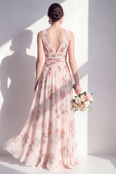 A-Linie Aprikosen-Chiffon V-Ausschnitt, gefaltetes Blumen-Langbrautjungfernkleid