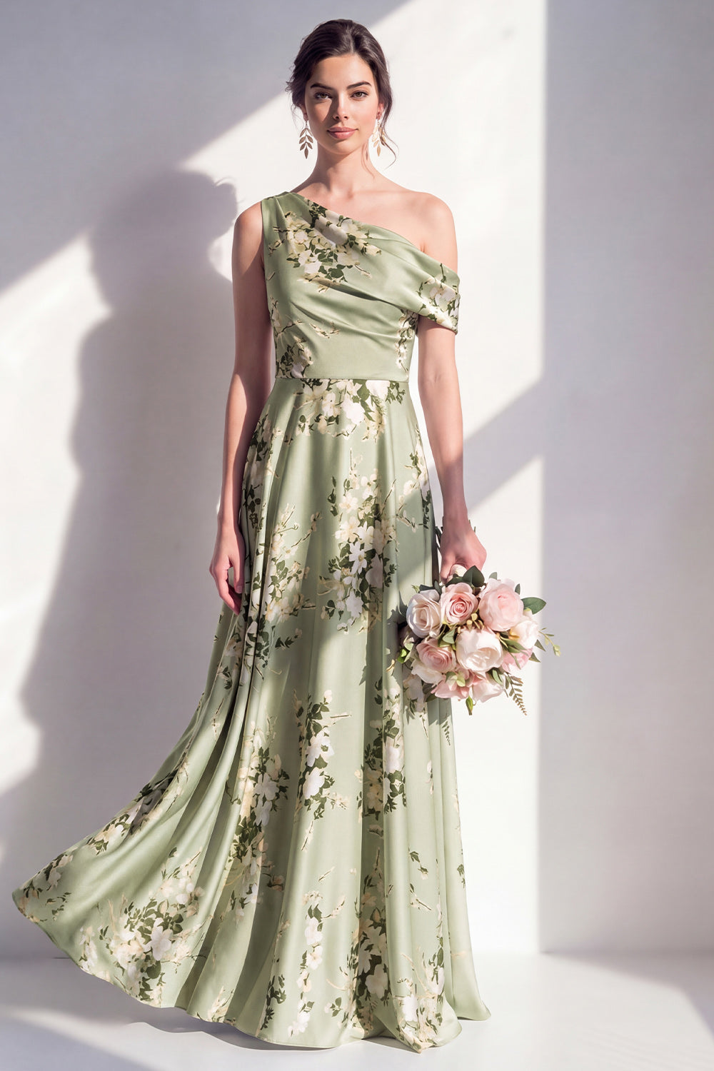 Einschulter-A-Linie Salbeigrünes Satin-Floral-Langtraubenkleid für die Brautjungfern