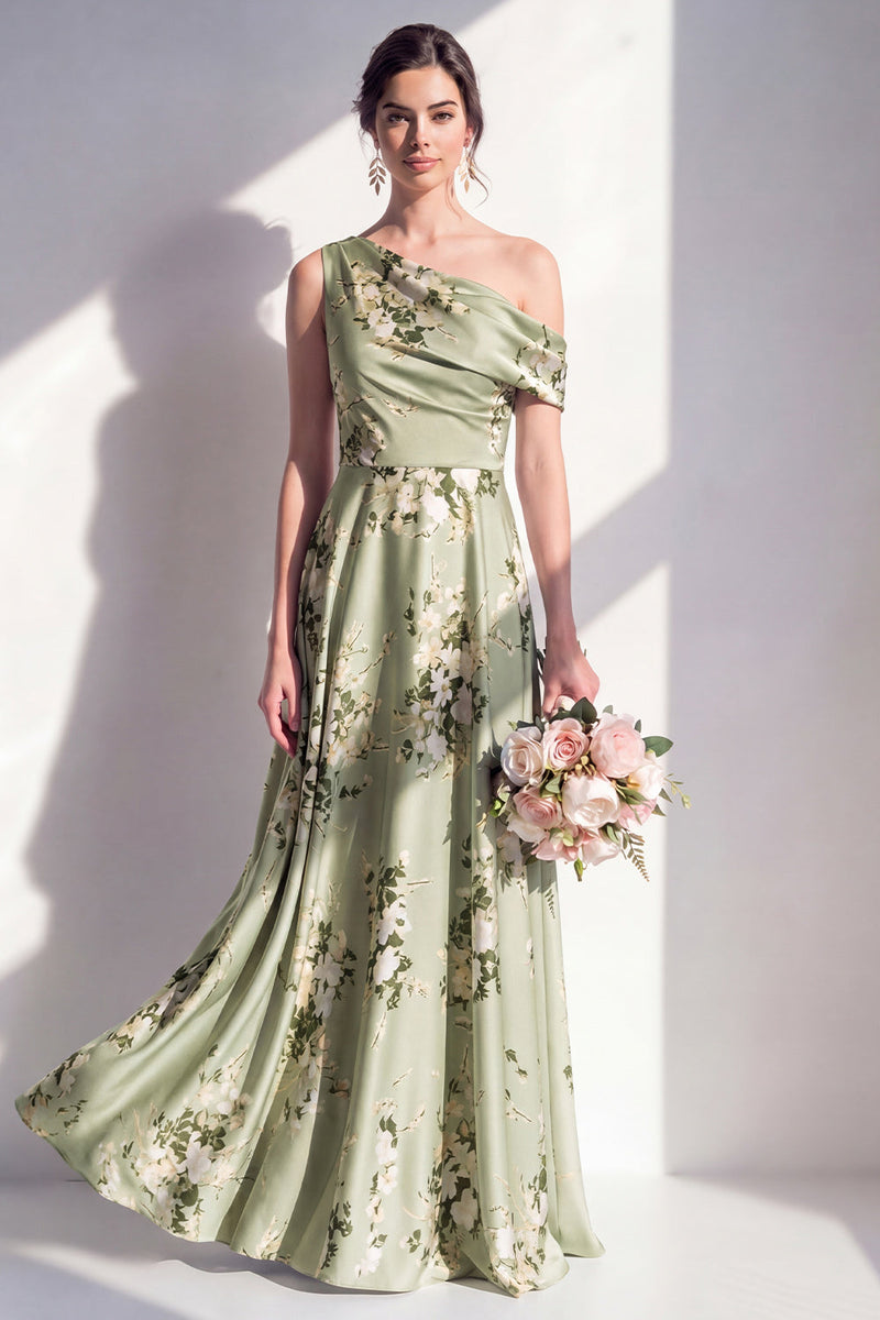 Laden Sie das Bild in den Galerie-Viewer, Einschulter-A-Linie Salbeigrünes Satin-Floral-Langtraubenkleid für die Brautjungfern