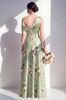 Laden Sie das Bild in den Galerie-Viewer, Einschulter-A-Linie Salbeigrünes Satin-Floral-Langtraubenkleid für die Brautjungfern