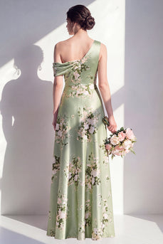 Einschulter-A-Linie Salbeigrünes Satin-Floral-Langtraubenkleid für die Brautjungfern
