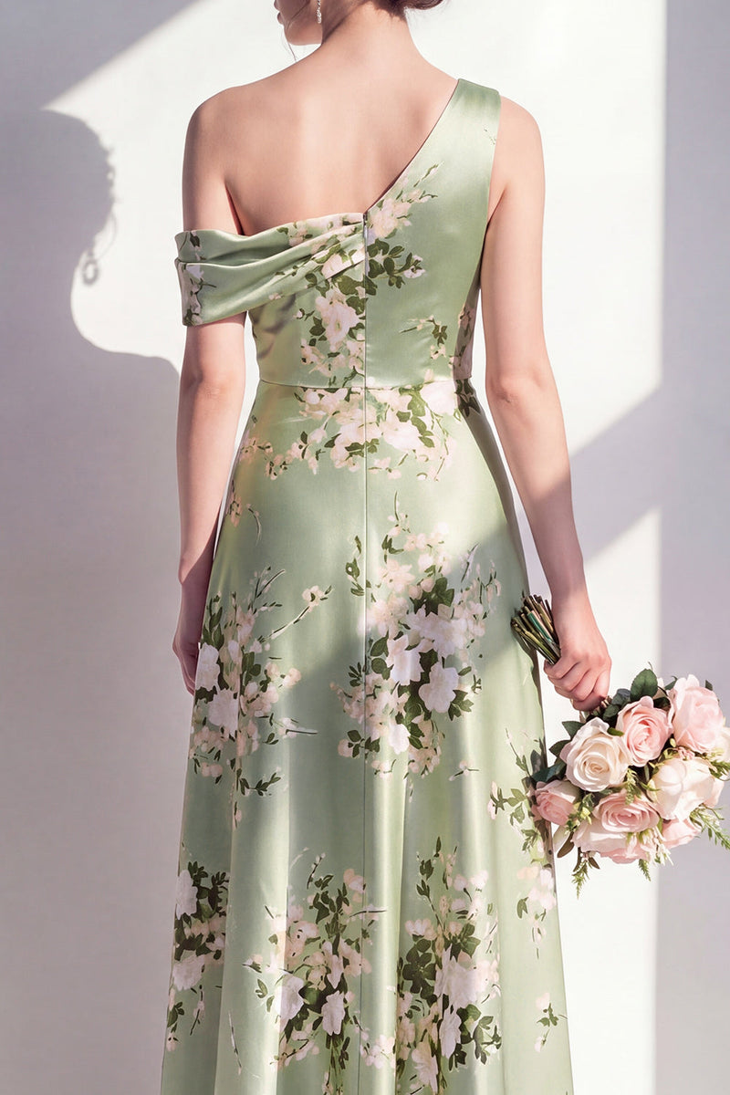 Laden Sie das Bild in den Galerie-Viewer, Einschulter-A-Linie Salbeigrünes Satin-Floral-Langtraubenkleid für die Brautjungfern