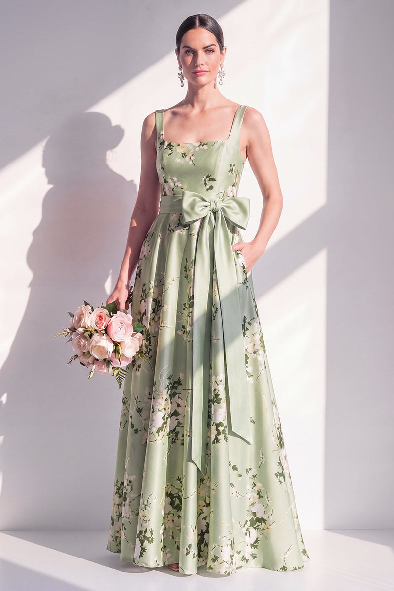 Laden Sie das Bild in den Galerie-Viewer, Satin A-Linie Salbeigrün Quadrathals Blumen-Langbrautjungfernkleid mit Gürtel
