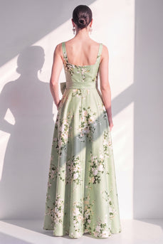 Satin A-Linie Salbeigrün Quadrathals Blumen-Langbrautjungfernkleid mit Gürtel