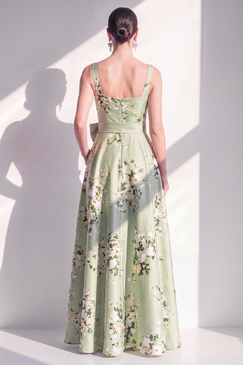 Laden Sie das Bild in den Galerie-Viewer, Satin A-Linie Salbeigrün Quadrathals Blumen-Langbrautjungfernkleid mit Gürtel