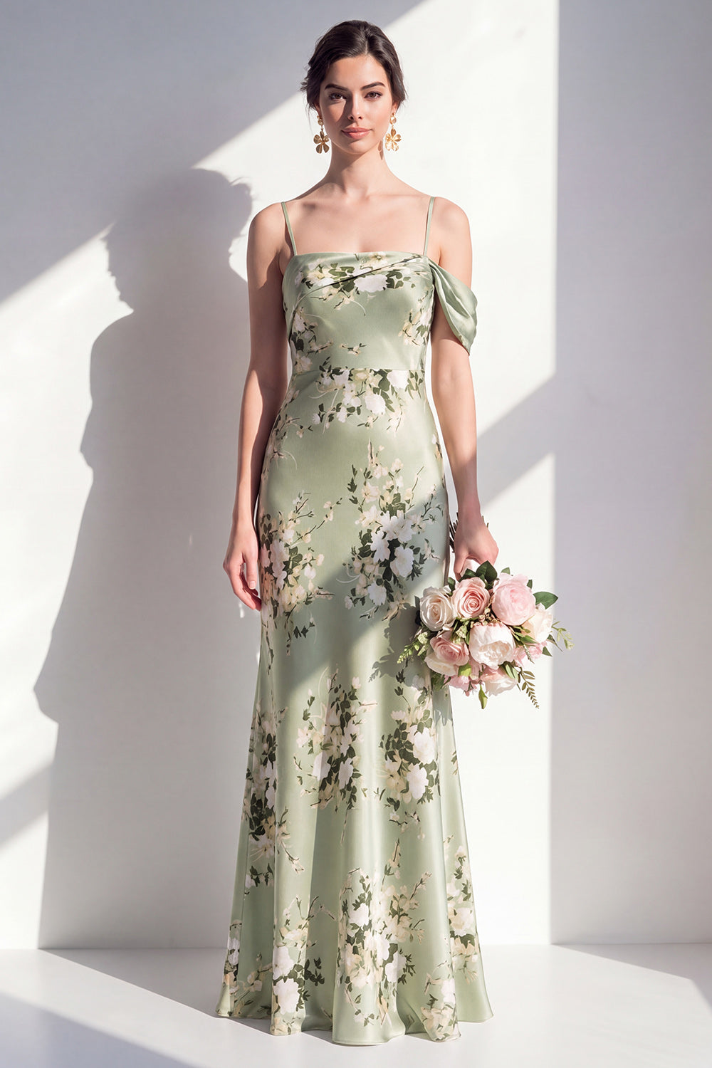 Satin-Salbei-Grüne Meerjungfrauen-Blumenträger Spaghettiträger Langes Brautjungfernkleid