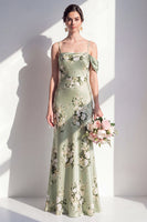 Laden Sie das Bild in den Galerie-Viewer, Satin-Salbei-Grüne Meerjungfrauen-Blumenträger Spaghettiträger Langes Brautjungfernkleid