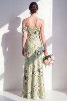 Laden Sie das Bild in den Galerie-Viewer, Satin-Salbei-Grüne Meerjungfrauen-Blumenträger Spaghettiträger Langes Brautjungfernkleid