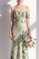 Laden Sie das Bild in den Galerie-Viewer, Satin-Salbei-Grüne Meerjungfrauen-Blumenträger Spaghettiträger Langes Brautjungfernkleid