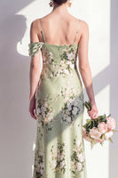 Laden Sie das Bild in den Galerie-Viewer, Satin-Salbei-Grüne Meerjungfrauen-Blumenträger Spaghettiträger Langes Brautjungfernkleid