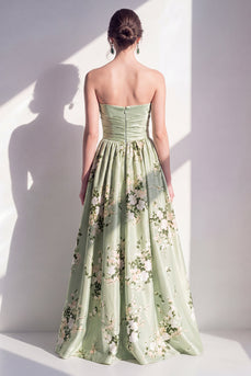 A-Line Satin Salbeigrün geblümtes trägerloses, gerafftes langes Brautjungferkleid