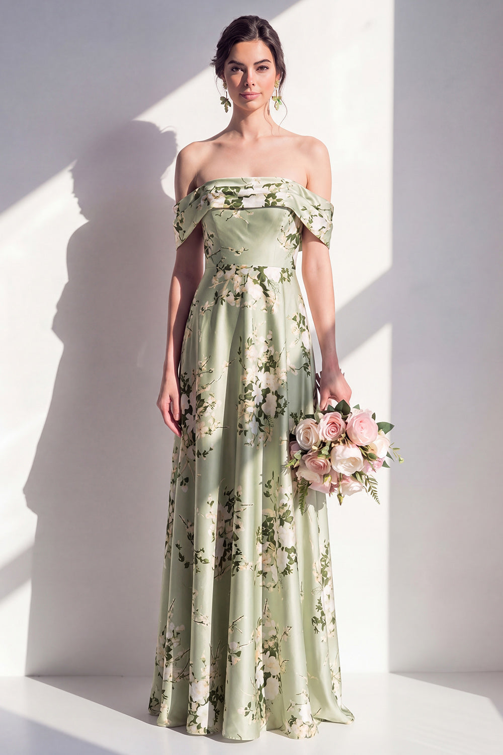 Off-the-shoulder Satin-Sains-grünes Blumen-Langzeitjungfernkleid mit A-Linie