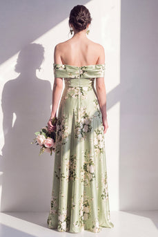 Off-the-shoulder Satin-Sains-grünes Blumen-Langzeitjungfernkleid mit A-Linie