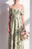 Laden Sie das Bild in den Galerie-Viewer, Off-the-shoulder Satin-Sains-grünes Blumen-Langzeitjungfernkleid mit A-Linie