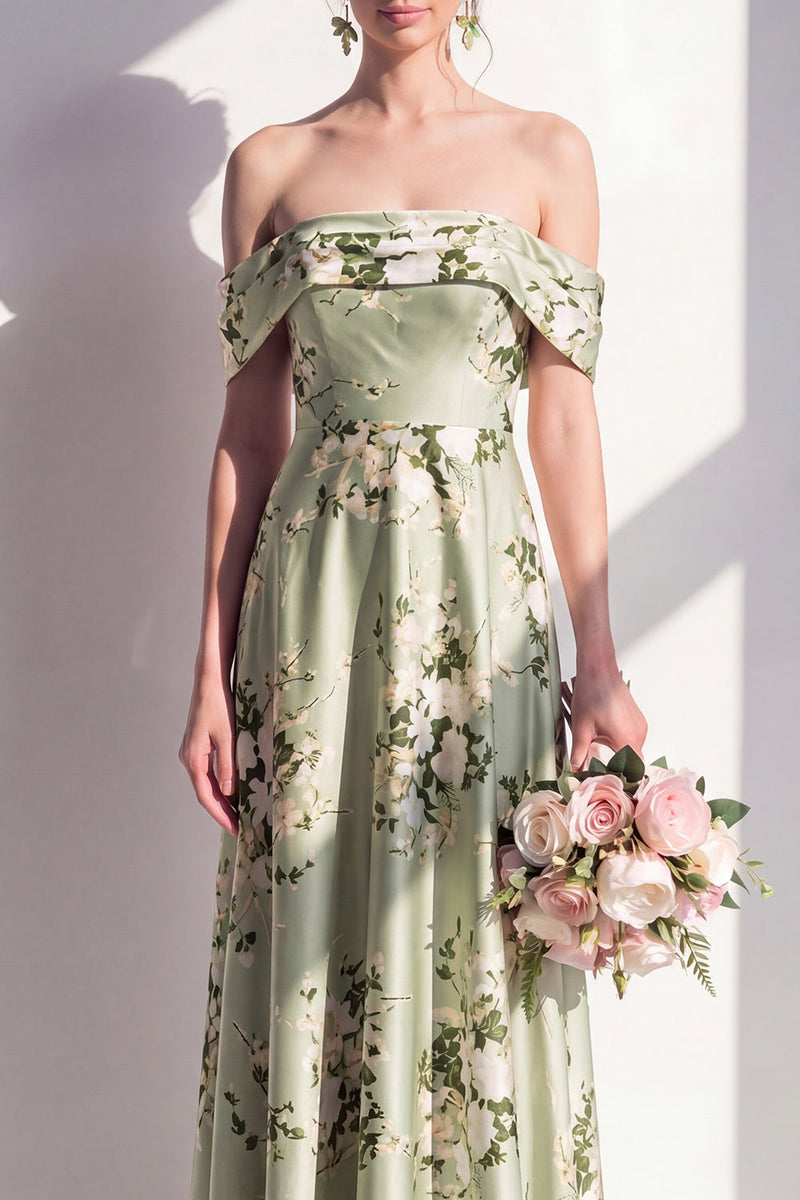 Laden Sie das Bild in den Galerie-Viewer, Off-the-shoulder Satin-Sains-grünes Blumen-Langzeitjungfernkleid mit A-Linie