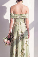 Laden Sie das Bild in den Galerie-Viewer, Off-the-shoulder Satin-Sains-grünes Blumen-Langzeitjungfernkleid mit A-Linie