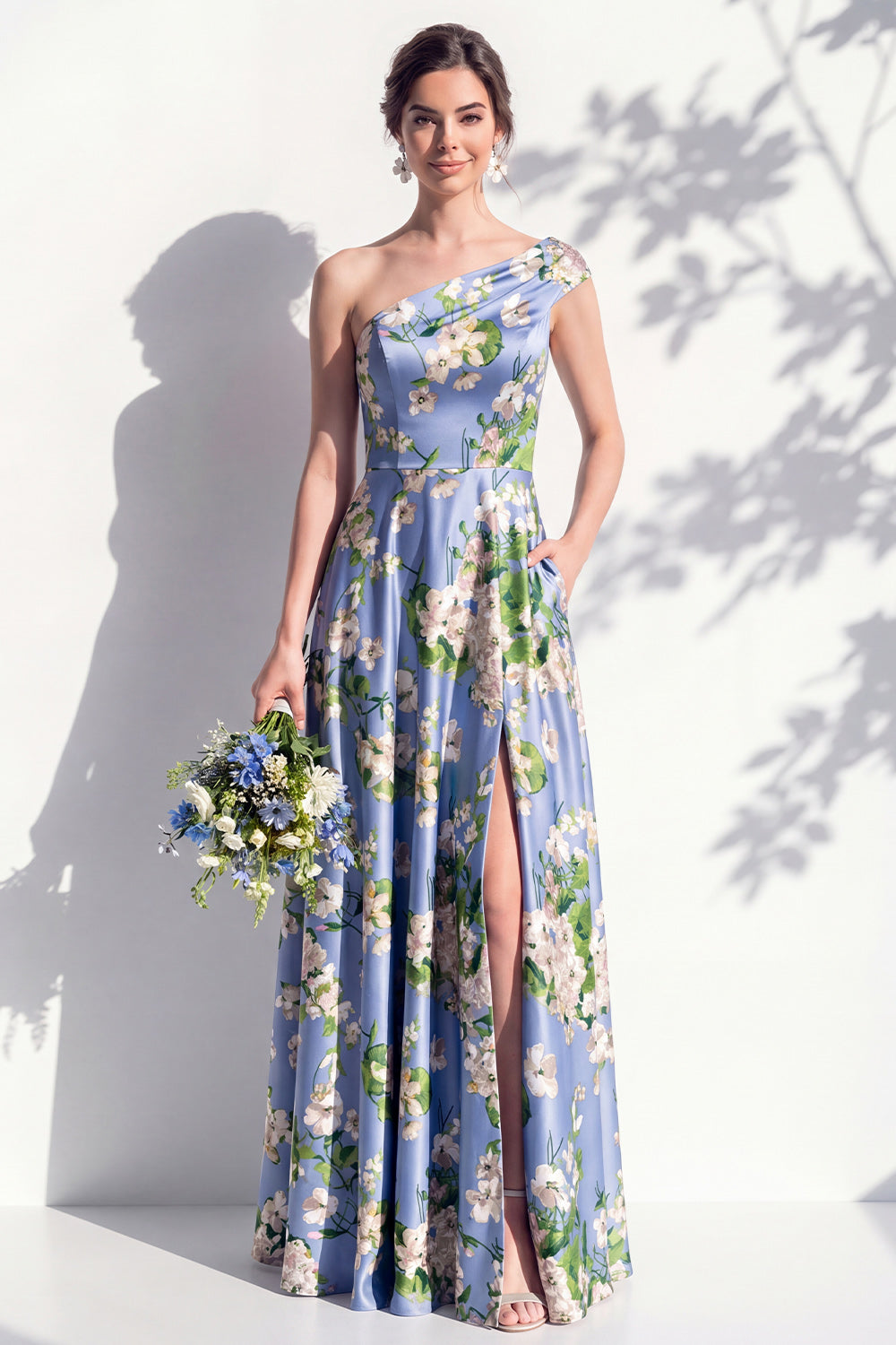 Einschulterblaues Blumenmuster A-Linie Brautjungfernkleid mit Schlitz