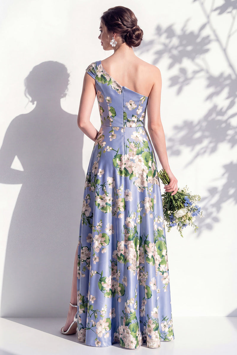 Laden Sie das Bild in den Galerie-Viewer, Einschulterblaues Blumenmuster A-Linie Brautjungfernkleid mit Schlitz