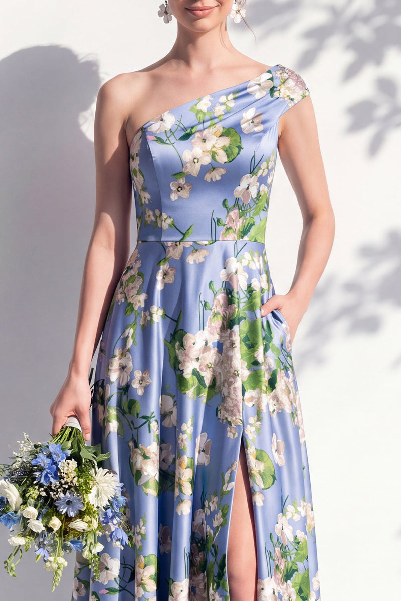Laden Sie das Bild in den Galerie-Viewer, Einschulterblaues Blumenmuster A-Linie Brautjungfernkleid mit Schlitz