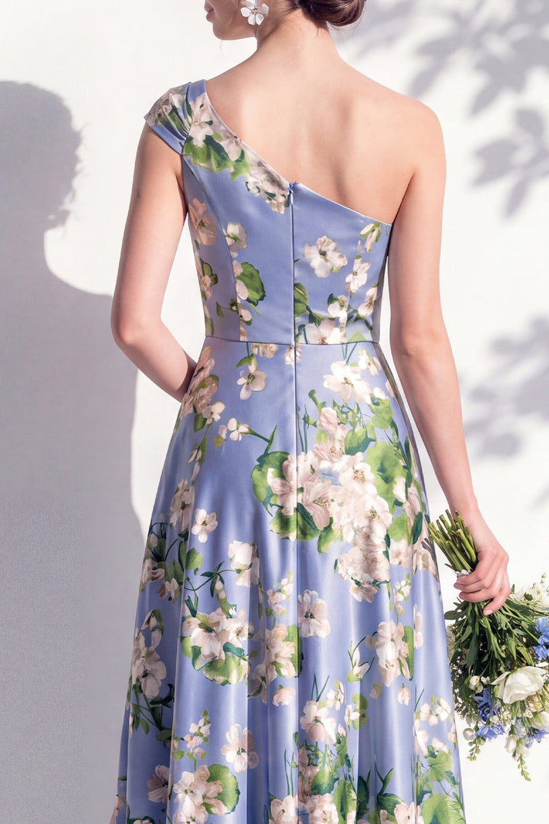 Laden Sie das Bild in den Galerie-Viewer, Einschulterblaues Blumenmuster A-Linie Brautjungfernkleid mit Schlitz