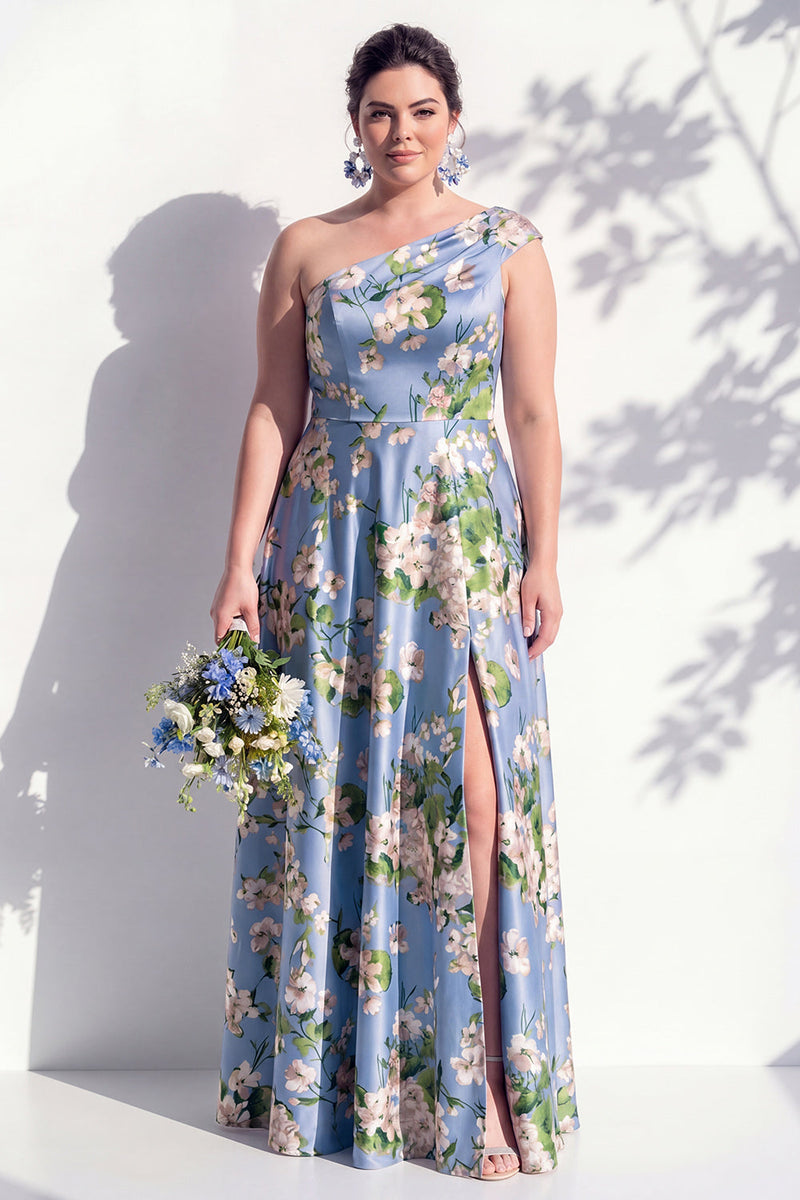 Laden Sie das Bild in den Galerie-Viewer, Einschulterblaues Blumenmuster A-Linie Brautjungfernkleid mit Schlitz