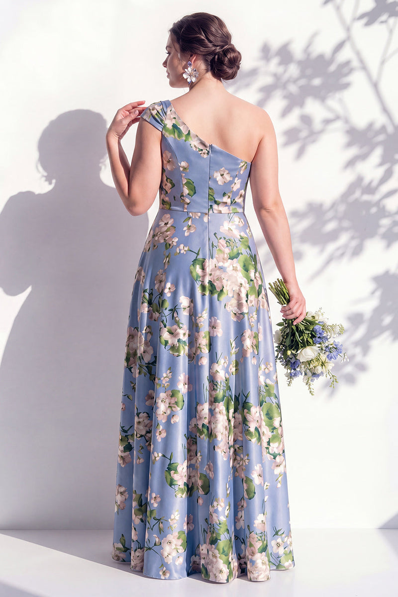 Laden Sie das Bild in den Galerie-Viewer, Einschulterblaues Blumenmuster A-Linie Brautjungfernkleid mit Schlitz