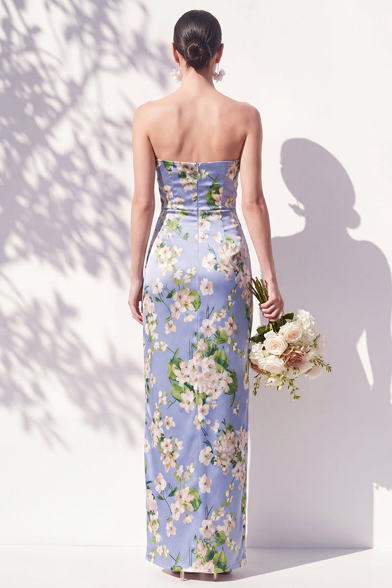 Laden Sie das Bild in den Galerie-Viewer, Trägerloses, blaues Blumen-Brautjungfernkleid mit Scheidenscheide und Schlitz