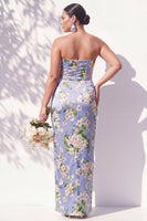 Laden Sie das Bild in den Galerie-Viewer, Trägerloses, blaues Blumen-Brautjungfernkleid mit Scheidenscheide und Schlitz