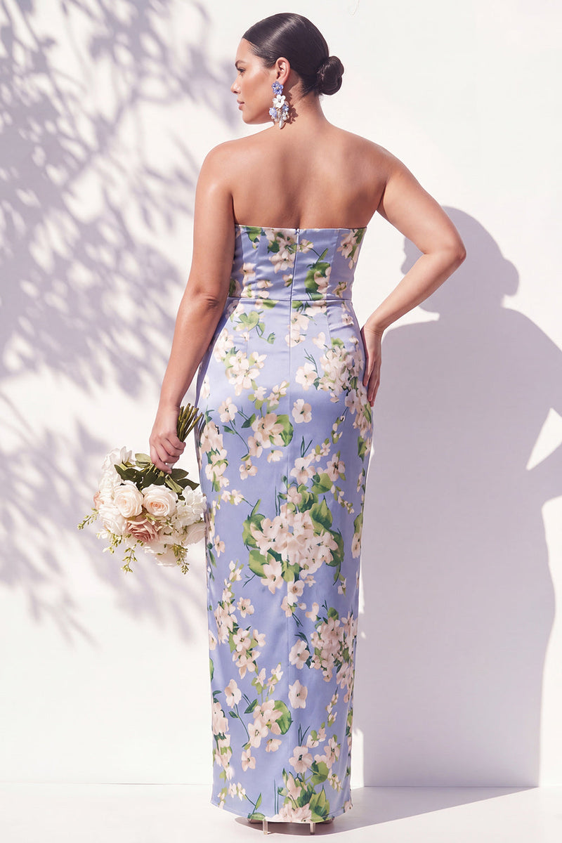 Laden Sie das Bild in den Galerie-Viewer, Trägerloses, blaues Blumen-Brautjungfernkleid mit Scheidenscheide und Schlitz