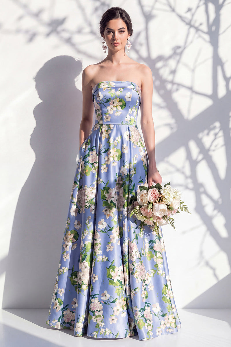 Laden Sie das Bild in den Galerie-Viewer, Trägerloses blaues Blumen-A-Linie Brautjungfernkleid