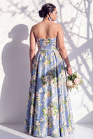 Laden Sie das Bild in den Galerie-Viewer, Trägerloses blaues Blumen-A-Linie Brautjungfernkleid