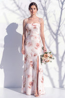 Laden Sie das Bild in den Galerie-Viewer, Elfenbeinrotes Blumen-Spaghettiträger Brautjungfernkleid mit Schlitz