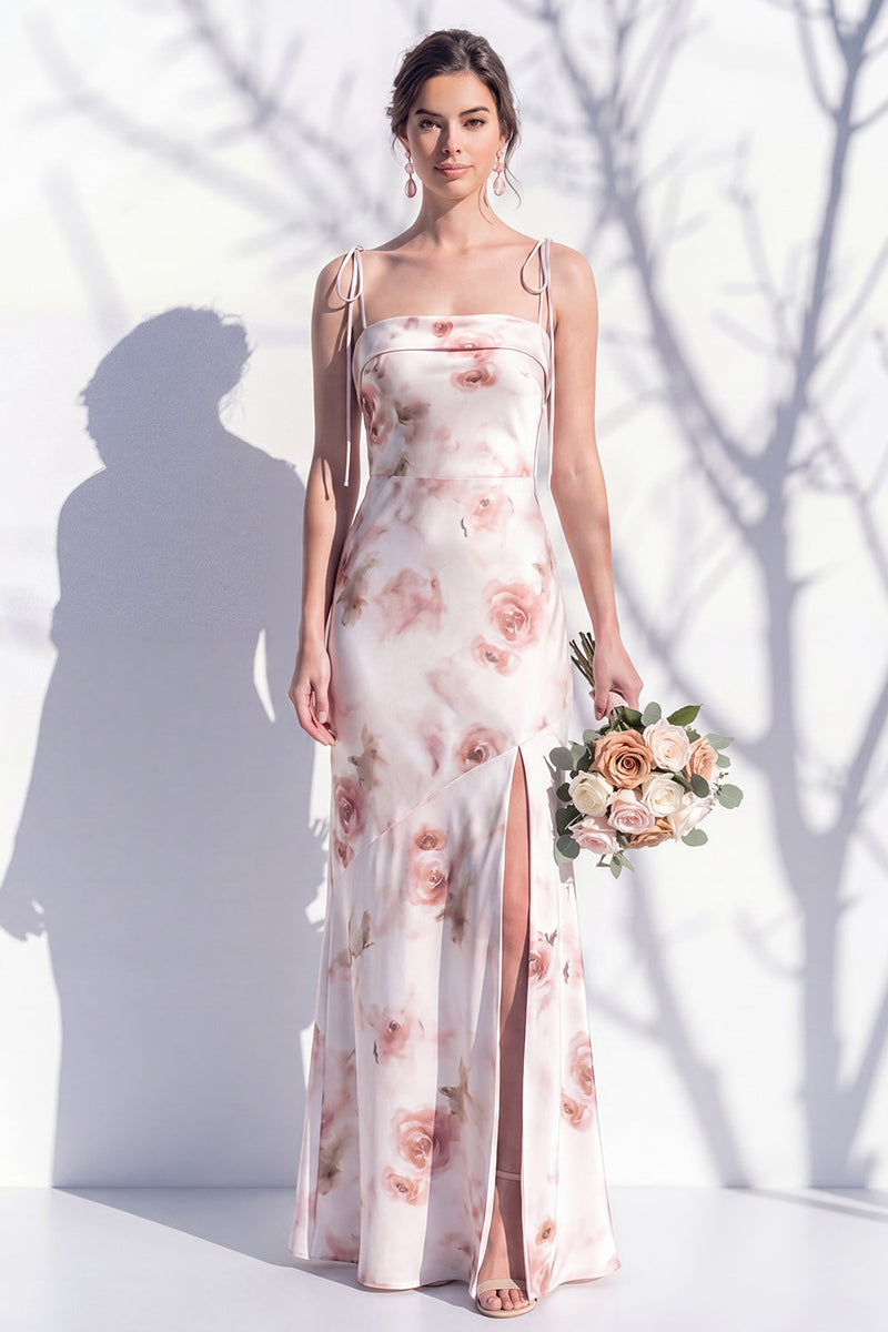 Laden Sie das Bild in den Galerie-Viewer, Elfenbeinrotes Blumen-Spaghettiträger Brautjungfernkleid mit Schlitz