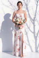 Laden Sie das Bild in den Galerie-Viewer, Elfenbeinrotes Blumen-Spaghettiträger Brautjungfernkleid mit Schlitz