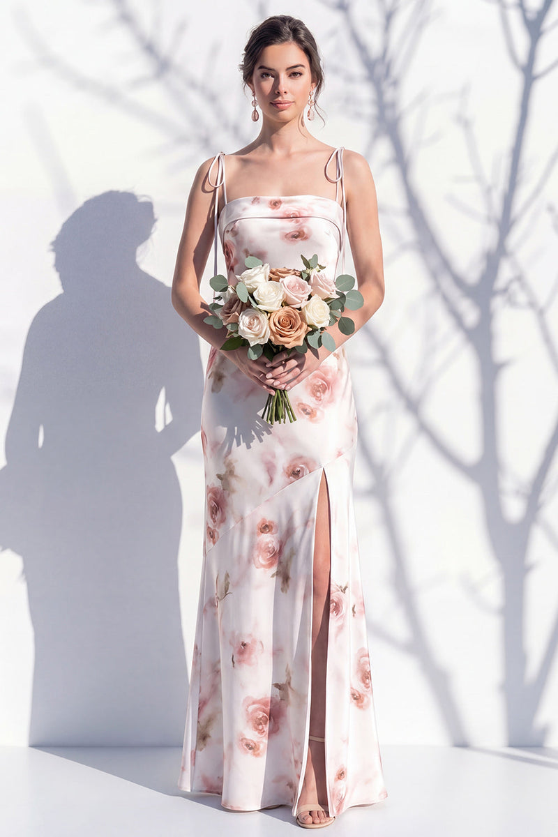 Laden Sie das Bild in den Galerie-Viewer, Elfenbeinrotes Blumen-Spaghettiträger Brautjungfernkleid mit Schlitz