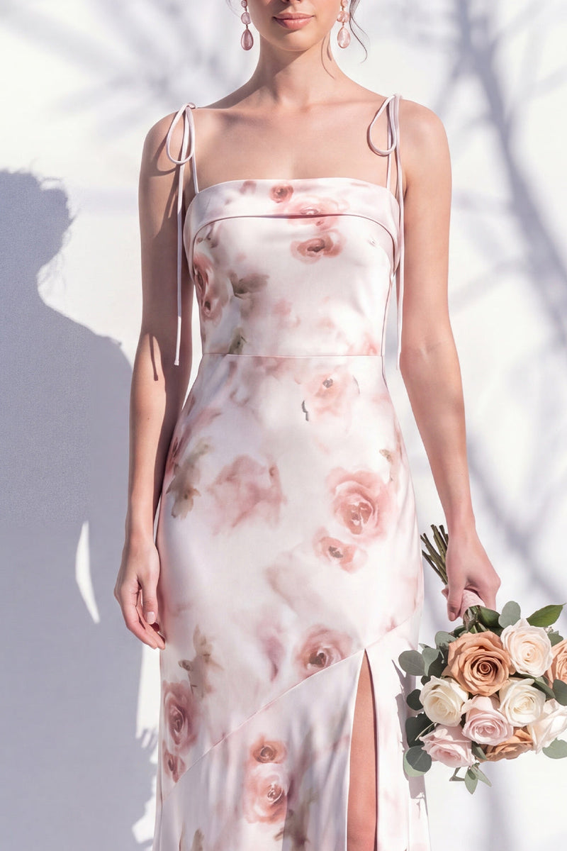 Laden Sie das Bild in den Galerie-Viewer, Elfenbeinrotes Blumen-Spaghettiträger Brautjungfernkleid mit Schlitz