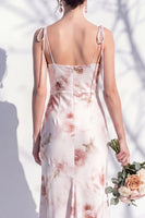 Laden Sie das Bild in den Galerie-Viewer, Elfenbeinrotes Blumen-Spaghettiträger Brautjungfernkleid mit Schlitz