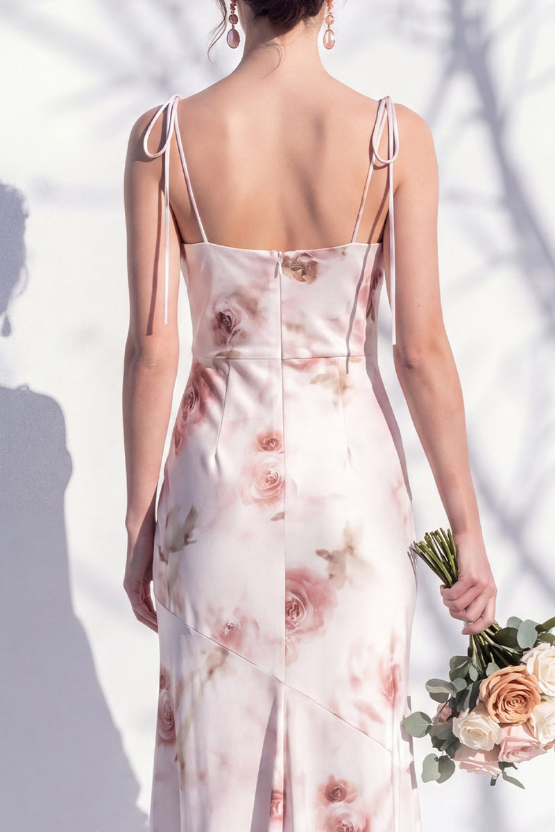 Laden Sie das Bild in den Galerie-Viewer, Elfenbeinrotes Blumen-Spaghettiträger Brautjungfernkleid mit Schlitz